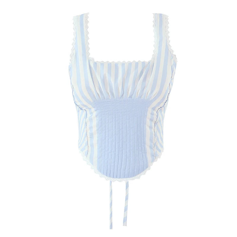 Light Blue Lace Trim Striped Corset Cami Top for Women
