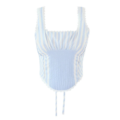 Light Blue Lace Trim Striped Corset Cami Top for Women