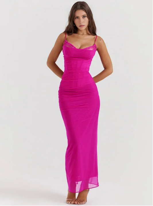 Rose mesh corset maxi dress with spaghetti straps and bodycon fit