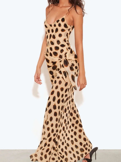Animal Print Spaghetti Strap Maxi Dress With Waist Tie