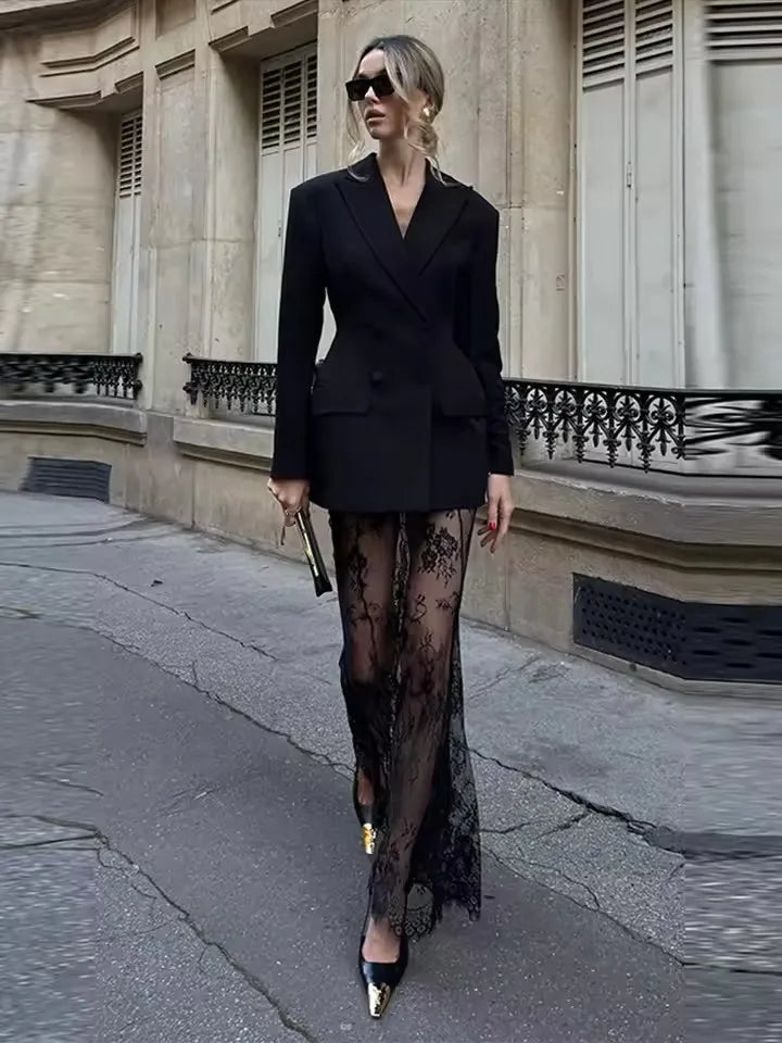 Elegant Blazer and Lace Skirt Set – Women’s Two-Piece Double Breasted Jacket with Sheer Lace Maxi Skirt – Formal Party and Evening Outfit