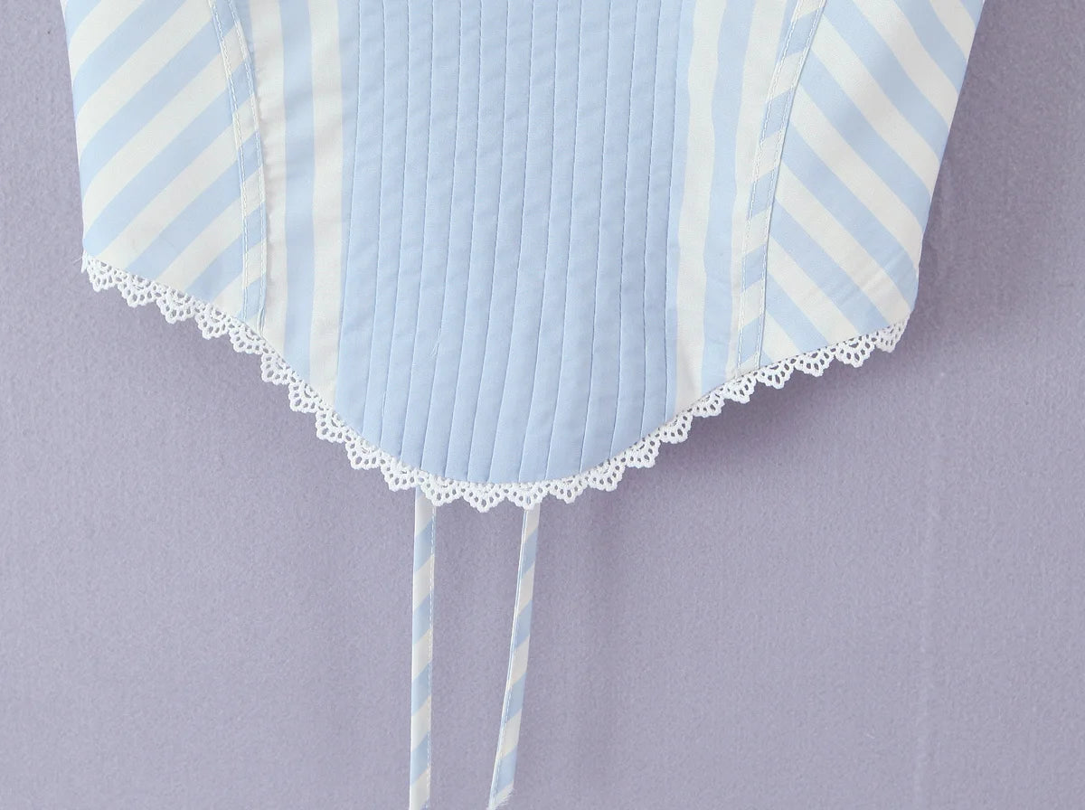Light Blue Lace Trim Striped Corset Cami Top for Women
