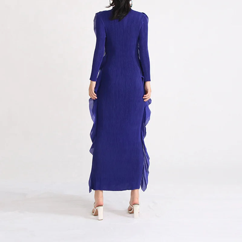 BLUE LONG SLEEVE MAXI DRESS with RUFFLES