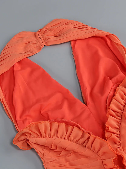 Orange Backless Halter V Neck Ruffles Patchwork Maxi Dress