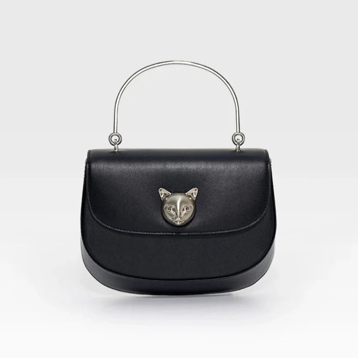 Black handbag with cat emblem on a light gray background, featuring the brand 'Bafelli'.