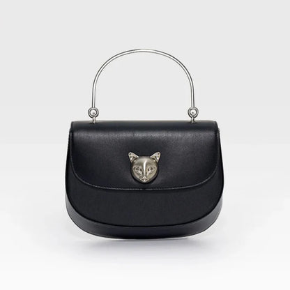 Black handbag with cat emblem on a light gray background, featuring the brand 'Bafelli'.