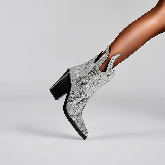 FLAME SHAPE SHORT BOOTS THICK HEEL with CRYSTALS