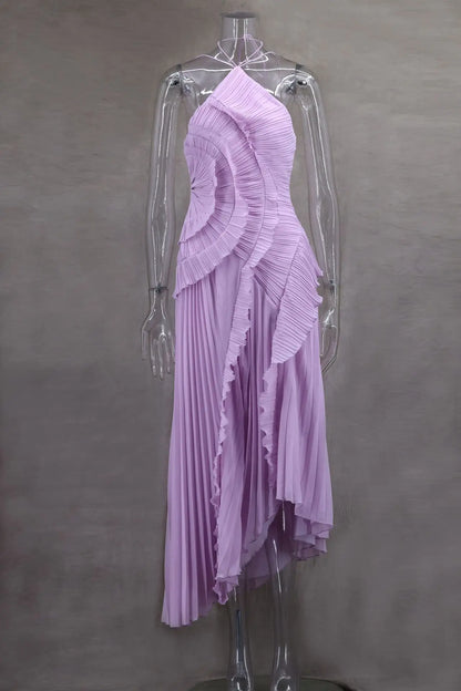 Lavender One-Shoulder Ruffled Maxi Dress – Elegant Pleated Backless Gown for Evening Events