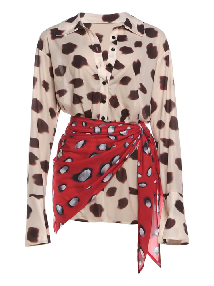 Mixed Print Shirt Dress With Contrast Wrap Scarf