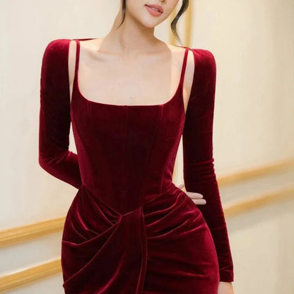 DARK RED MIDI DRESS with CORSET LONG SLEEVES and FRONT SLIT