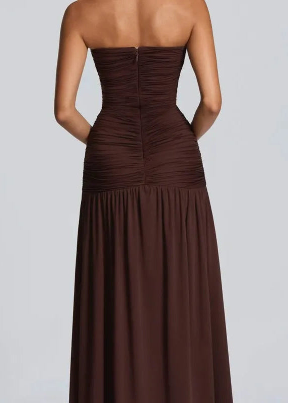 Elegant Deep V Strapless Ruched Maxi Dress