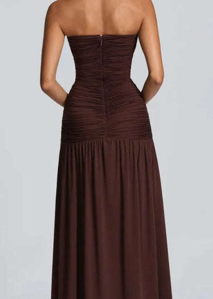 Elegant Deep V Strapless Ruched Maxi Dress