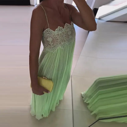 Beach Floral Lace Women's Summer Dress Sheer Hollow Out Pleated Long Spaghetti Strap Long Dresses 2026 Lady Loose Green Sundress