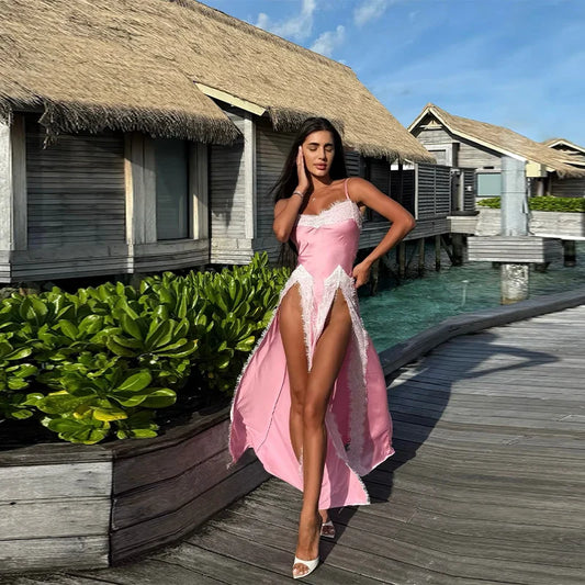 PINK LACE SATIN HIGH SLITS DRESS