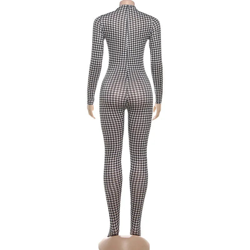 Plaid Bodycon Jumpsuit with Integrated Stockings – Long Sleeve Turtleneck Zip-Up Women’s Catsuit