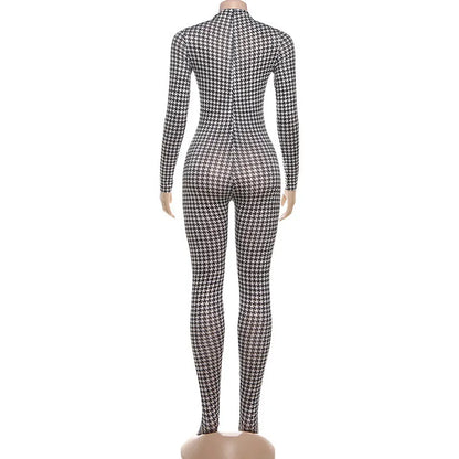 Plaid Bodycon Jumpsuit with Integrated Stockings – Long Sleeve Turtleneck Zip-Up Women’s Catsuit
