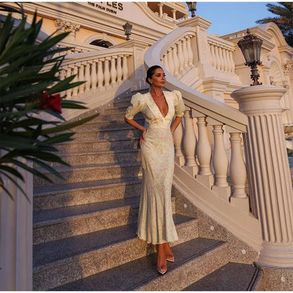 Blush Pink Polka Dot Maxi Dress with Puff Sleeves and Deep V-Neck