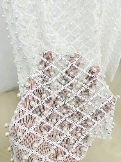 HOLLOW OUT FLOWERS APPLIQUES PEARLS BEADED BLAZER GAUZE PANTS