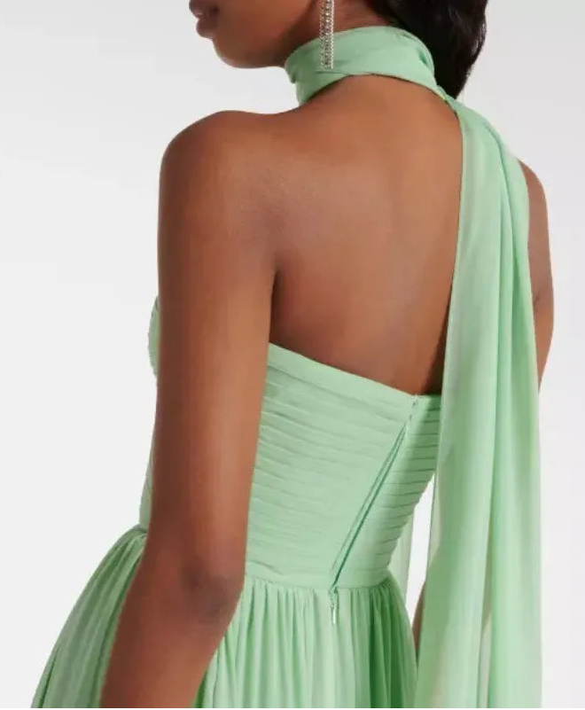 Sage Green Pleated Maxi Dress with Halter Neck and Elegant Flowy Skirt