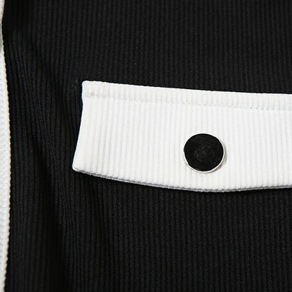 Elegant Black Knit Shorts and Top Set for Women – Chic Round Neck with White Trim and Pockets