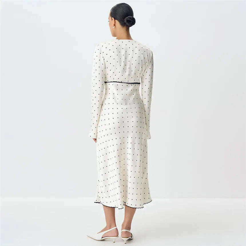 V-neck Polka Dot Long Sleeve Midi Dress – Women’s Elegant Spring Dress