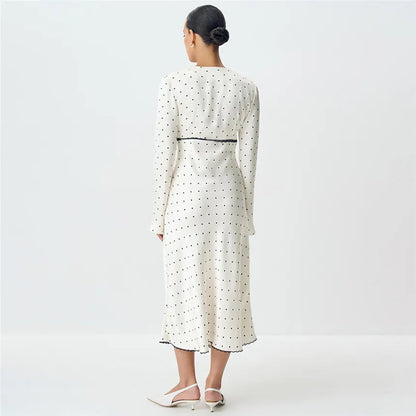 V-neck Polka Dot Long Sleeve Midi Dress – Women’s Elegant Spring Dress