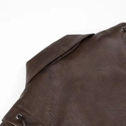 Chic Faux Leather Jacket for Women – Belted PU Coat with Dropped Shoulders