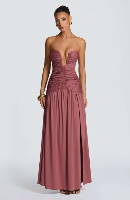 Elegant Deep V Strapless Ruched Maxi Dress