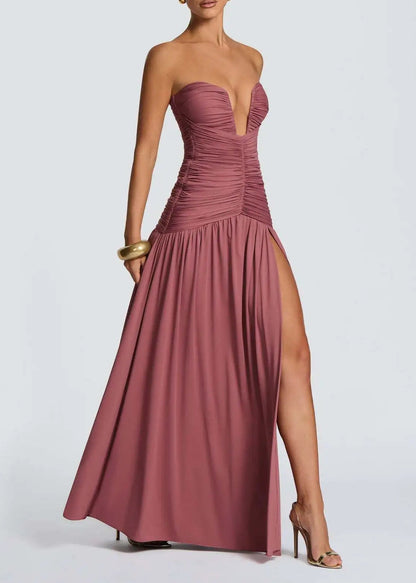 Elegant Deep V Strapless Ruched Maxi Dress