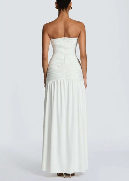 Elegant Deep V Strapless Ruched Maxi Dress