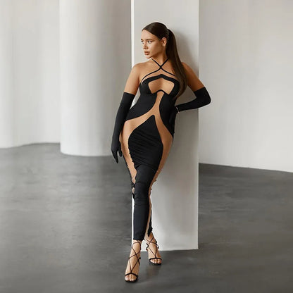 HOLLOW OUT NECK HANGING SLIT MESH BLACK MIDI DRESS