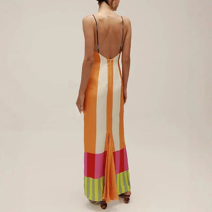 COLORFUL CONTRAST STRIPED STRAP MAXI DRESS