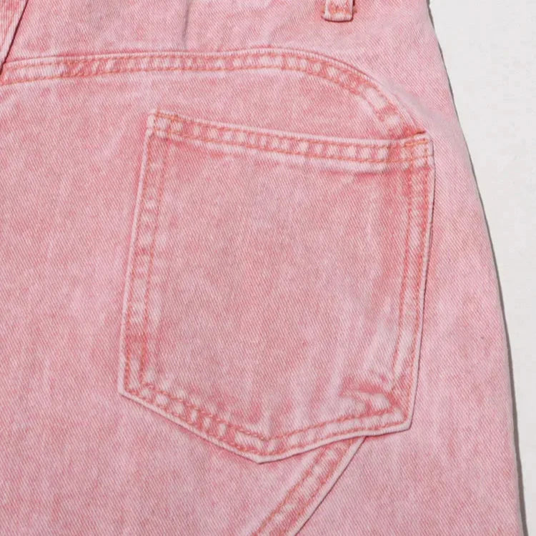 PINK HIGH WAIST DENIM TROUSERS SPLICED DIAMONDS HOLLOW OUT