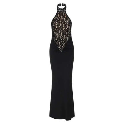 Lace Halter Backless Maxi Dress – Elegant Black Bodycon Evening Gown for Women
