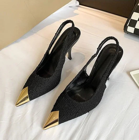 Metallic Toe Cap Pointed Toe Stiletto Tweed Slingback Pumps - Black