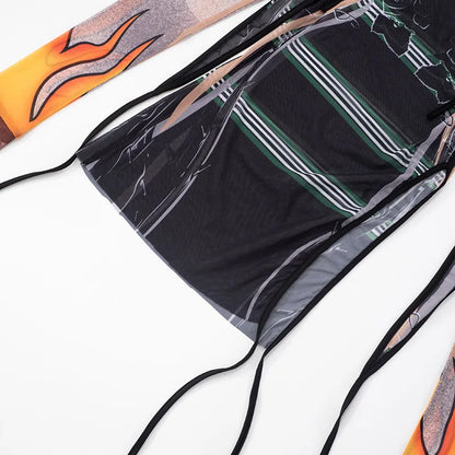 Abstract Print Ruched Sheer Mesh Mini Dress