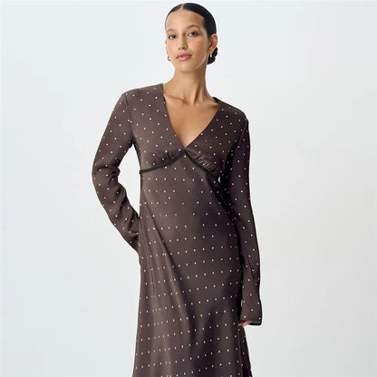 V-neck Polka Dot Long Sleeve Midi Dress – Women’s Elegant Spring Dress