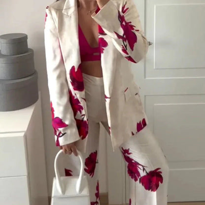 PRINT RED FLOWER BLAZER and PANTS SUIT