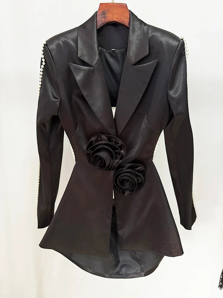 HOLLOW OUT FLOWERS APPLIQUES PEARLS BEADED BLAZER GAUZE PANTS