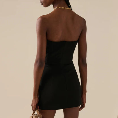 BLACK STRAPLESS MINI DRESS WAIST FLORAL DECORATION
