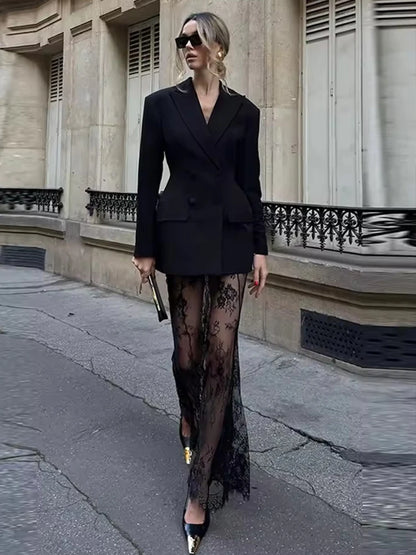 Elegant Blazer and Lace Skirt Set – Women’s Two-Piece Double Breasted Jacket with Sheer Lace Maxi Skirt – Formal Party and Evening Outfit