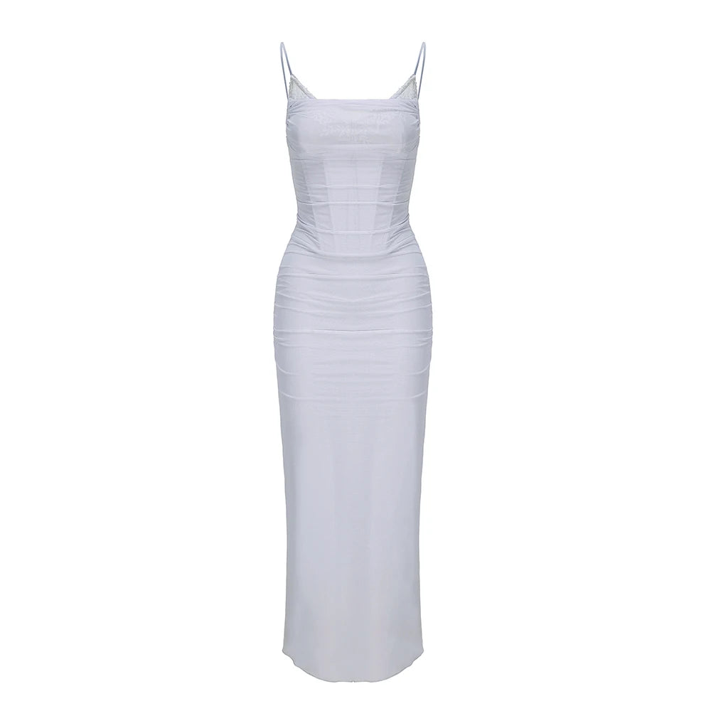 Rose Mesh Corset Maxi Dress – Spaghetti Strap Bodycon Elegant Formal Dress