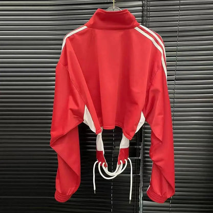 Women’s Long Sleeve Zipper Shirt with Corset Lace-Up Waist – Slim Fit Streetwear Jacket