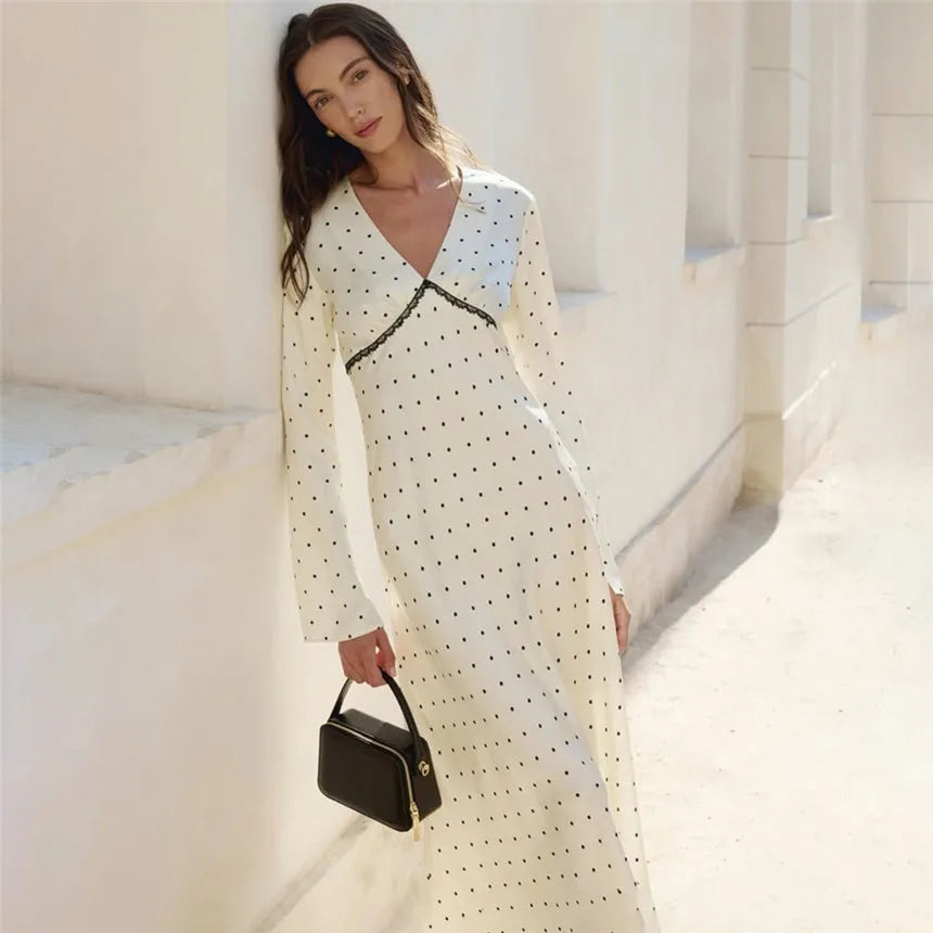 V-neck Polka Dot Long Sleeve Midi Dress – Women’s Elegant Spring Dress