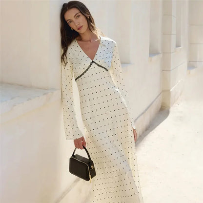 V-neck Polka Dot Long Sleeve Midi Dress – Women’s Elegant Spring Dress