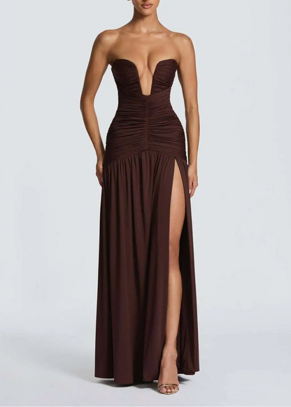 Elegant Deep V Strapless Ruched Maxi Dress