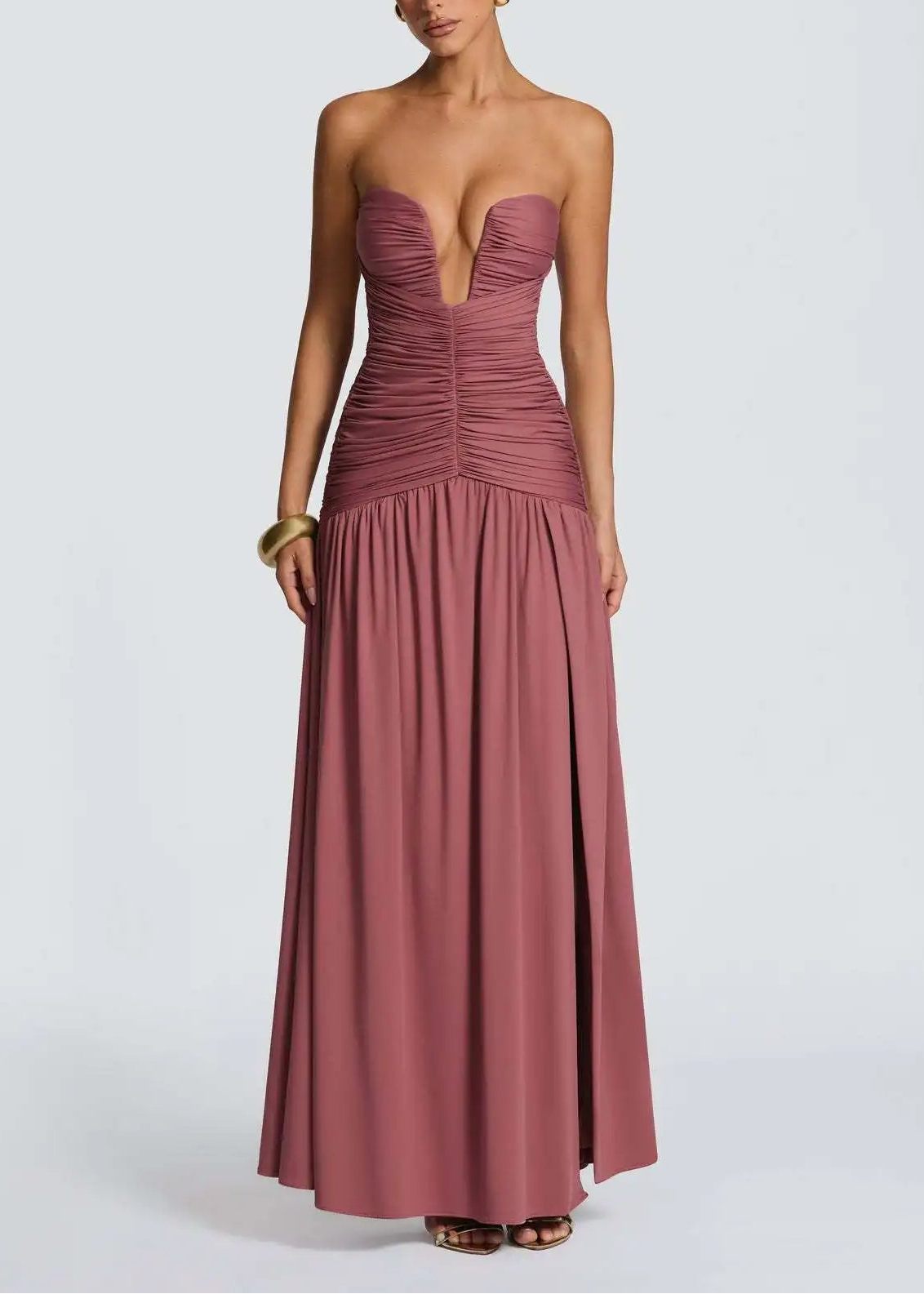Elegant Deep V Strapless Ruched Maxi Dress