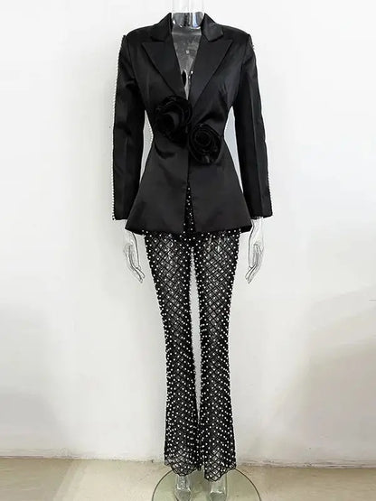 HOLLOW OUT FLOWERS APPLIQUES PEARLS BEADED BLAZER GAUZE PANTS