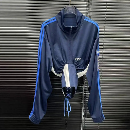 Women’s Long Sleeve Zipper Shirt with Corset Lace-Up Waist – Slim Fit Streetwear Jacket
