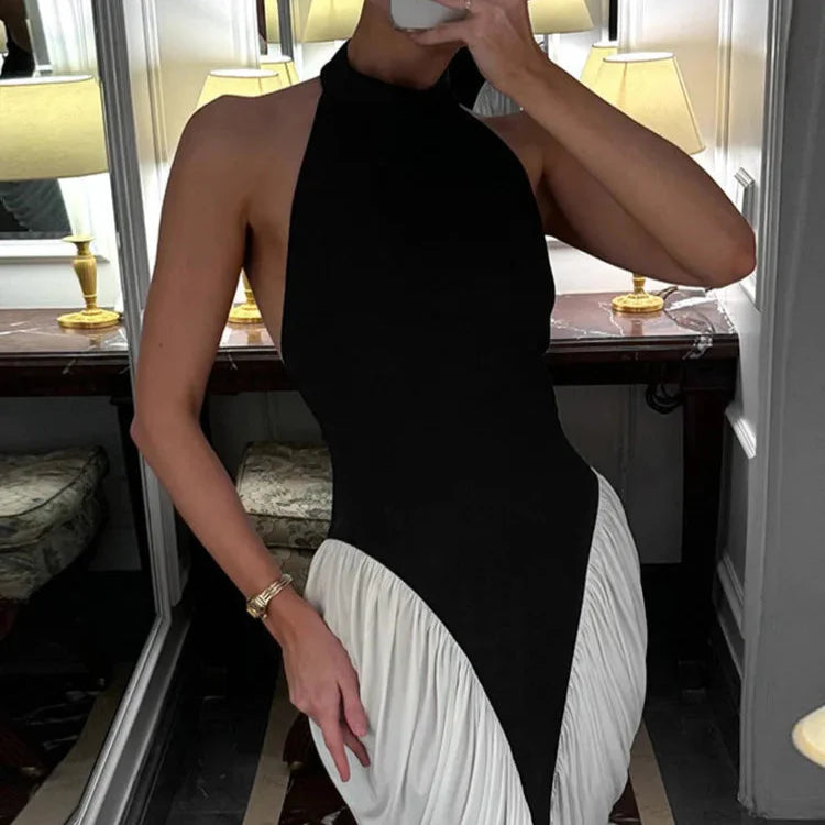 PATCHWORK SLEEVELESS BLACK and WHITE BODYCON MIDI DRESS